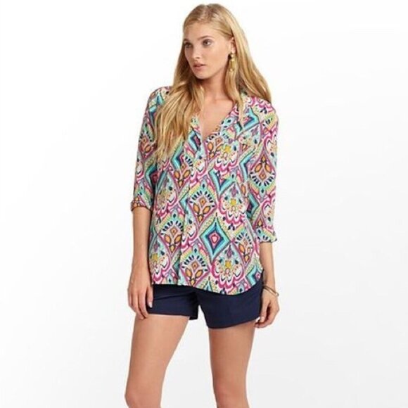 LILLY PULITZER Crown Jewels Boston Top 100% Silk Colorful Pockets - Picture 2 of 6